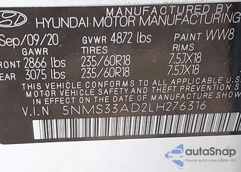 2020 Hyundai Santa Fe Sel z USA, uszkodzony, nr VIN 5NMS33AD2LH276316